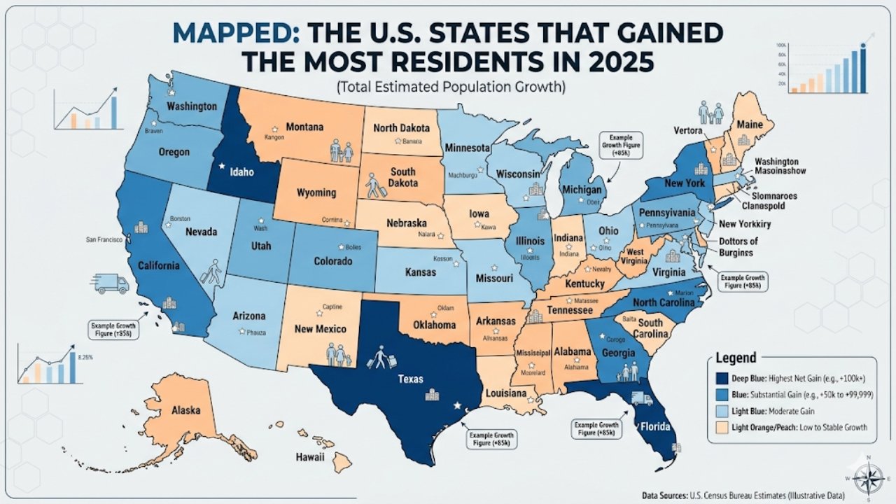 Mapped: The U.S. States That Gained the Most Residents in 2025